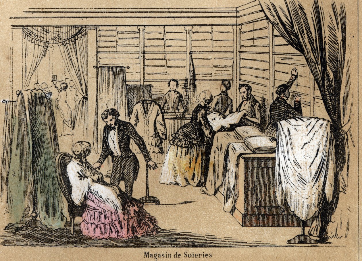 Kulttuuri- ja silkkituotteiden kuvaus: silkkikauppa. Levy "" la soie"" in "" les Recreations instructives"" Jules DELBRUCKin synoptinen maalaus, kaiverrus vuodelta 1860. Yksityinen kokoelma. tekijältä French School