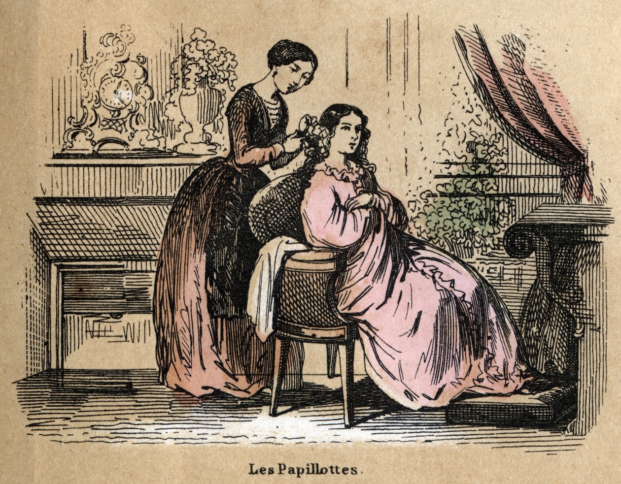 Kuvaus eri tuotteista ja paperin käyttötavoista: kalvot, paperinpalat, joita kuivaimet erottavat toisistaan. Levy "" Le papier et ses produits"" in "" les Recreations instructives"" Jules Delbruckin synoptique-maalaus, kaiverrus vuodelta 1860. Yksityinen c tekijältä French School