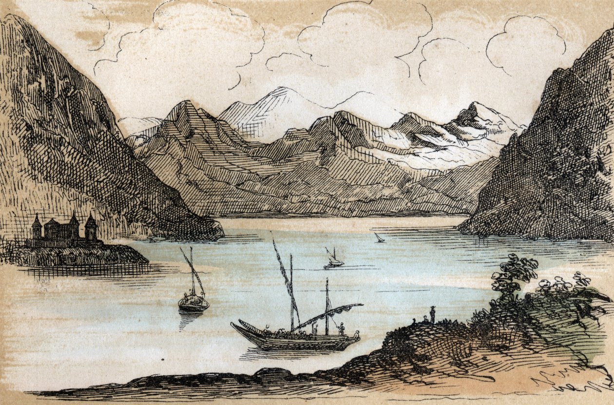 Kuvaus erityyppisistä maisemista ja reliefeistä maantieteen mukaan: Genevejärveä kuvaava yksityiskohta. Levy "" Physical Geography"" julkaisussa "" les Recreations instructives"" Jules DELBRUCKin synoptinen maalaus, kaiverrus vuodelta 1860. Yksityiset koko tekijältä French School