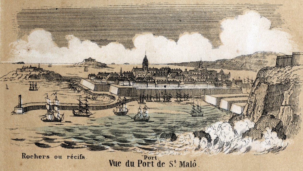 Kuvaus erityyppisistä maisemista ja reliefeistä maantieteen mukaan: yksityiskohta, joka kuvaa Bretagnen Saint Malon (Saint-Malo) satamaa. Levy "" Physical Geography"" in "" les Recreations instructives"" Synoptinen maalaus Jules DELBRUCK, e tekijältä French School