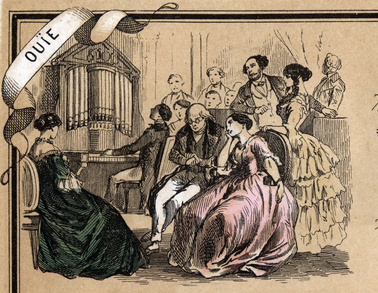 Kuvaus viidestä aistista: kuulon yksityiskohta, musiikkikonsertti sosiaalisen illan aikana. Levy "" Les cinq sens"" in "" les Recreations instructives"" Jules Delbruckin synoptinen maalaus, kaiverrus vuodelta 1860. Yksityinen kokoelma. tekijältä French School