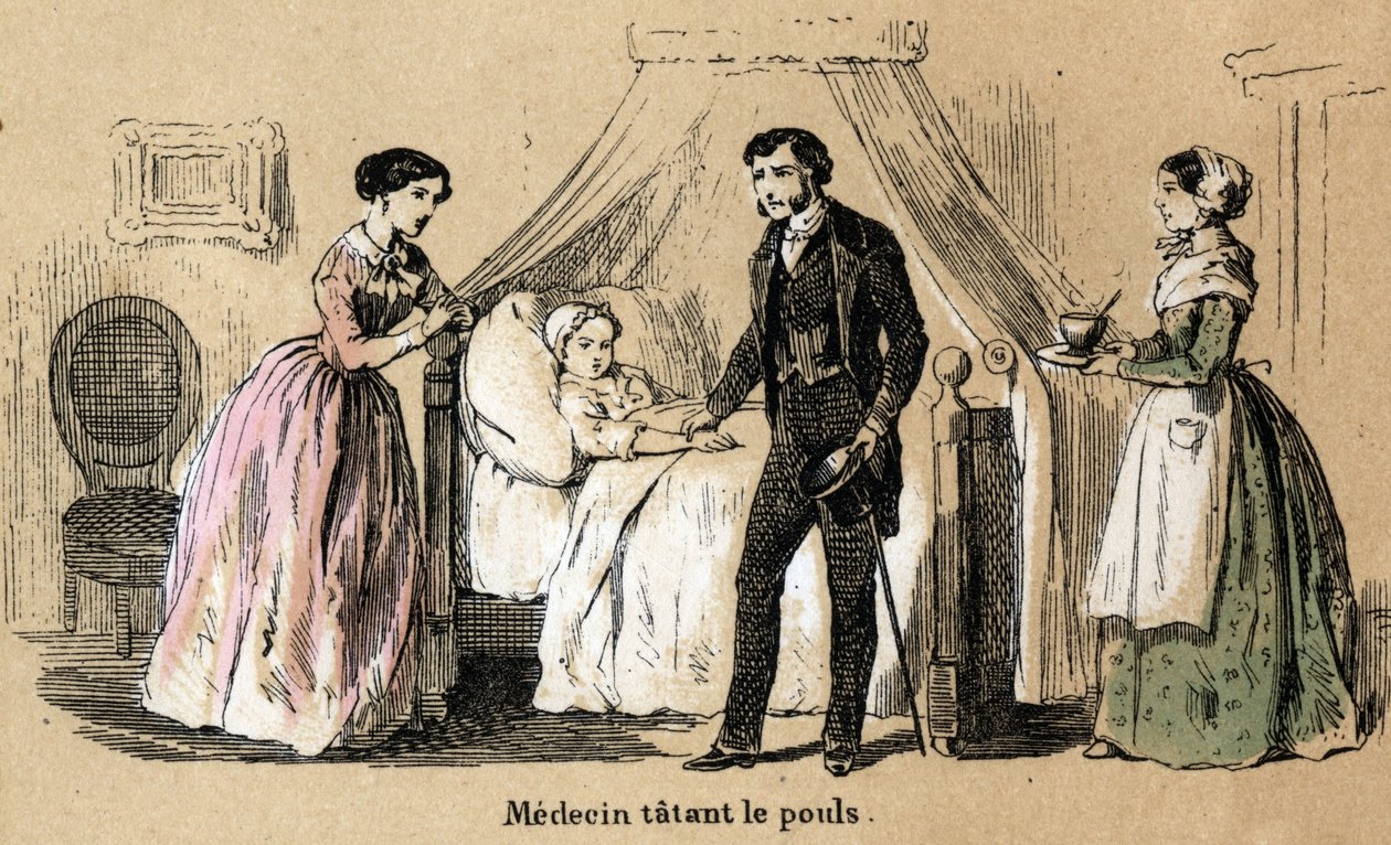 Kuvaus viidestä aistista: kosketus, lääkäri taputtelee sairaan tytön pulssia. Levy "" Les cinq sens"" in "" les Recreations instructives"" Jules Delbruckin synoptinen maalaus, kaiverrus vuodelta 1860. Yksityinen kokoelma. tekijältä French School