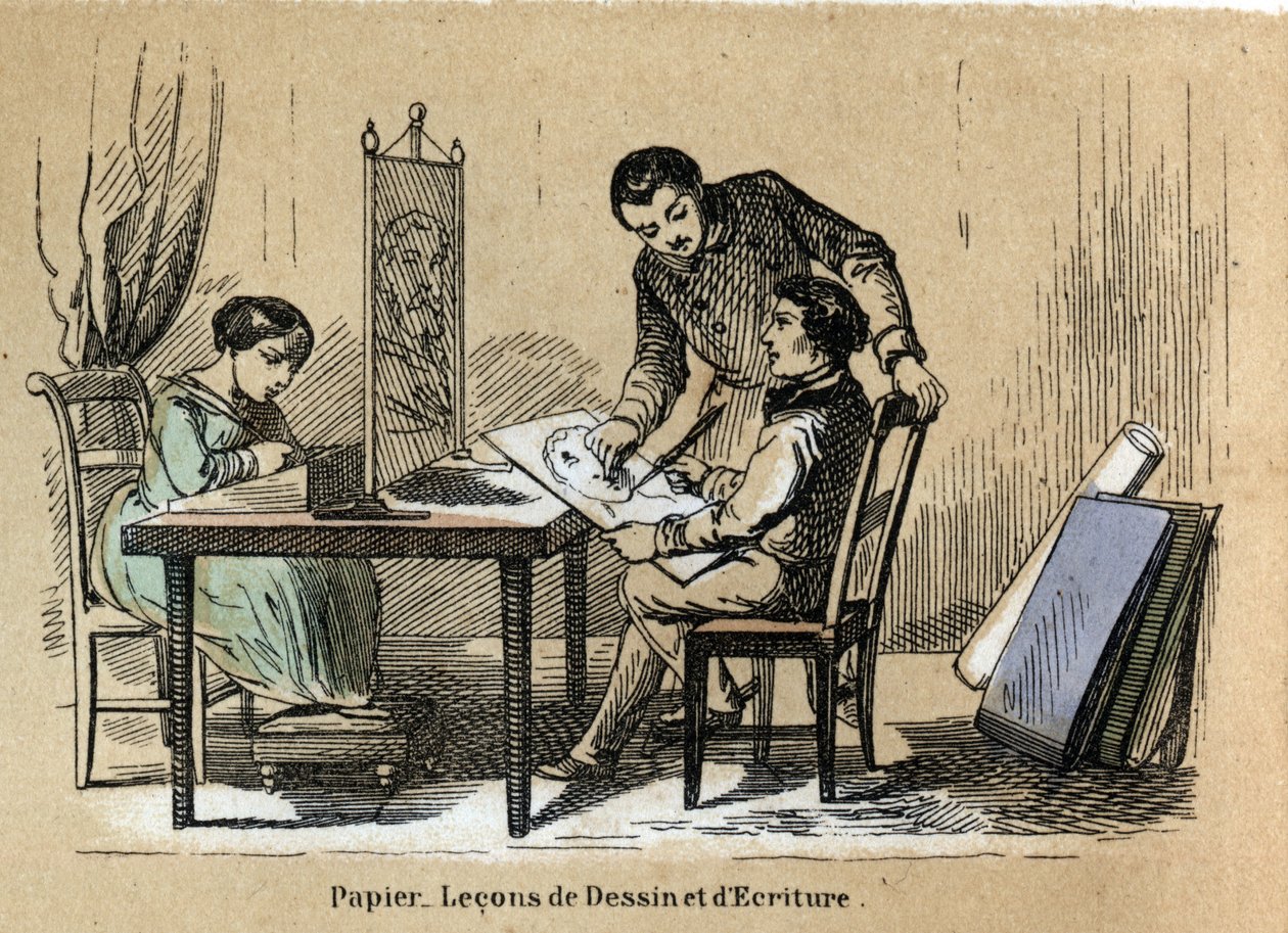 Kuvaus eri tuotteista ja paperin käyttötavoista: piirustus- ja kirjoituskenttä. Levy "" Le papier et ses produits"" in "" les Recreations instructives"" Jules Delbruckin synoptique-maalaus, kaiverrus vuodelta 1860. Yksityinen kokoelma. tekijältä French School