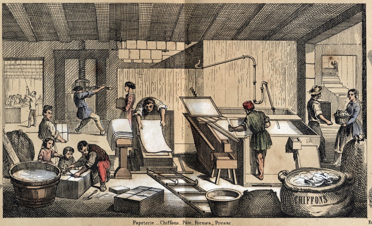Kuvaus paperin eri tuotteista ja käyttötavoista: paperitavaratoiminta, paperin valmistus rievuista, massasta, muodoista ja puristimesta. Levy "" Le papier et ses produits"" in "" les Recreations instructives"" Synoptique maalaus Jules Delbruck, kaiverrus f tekijältä French School
