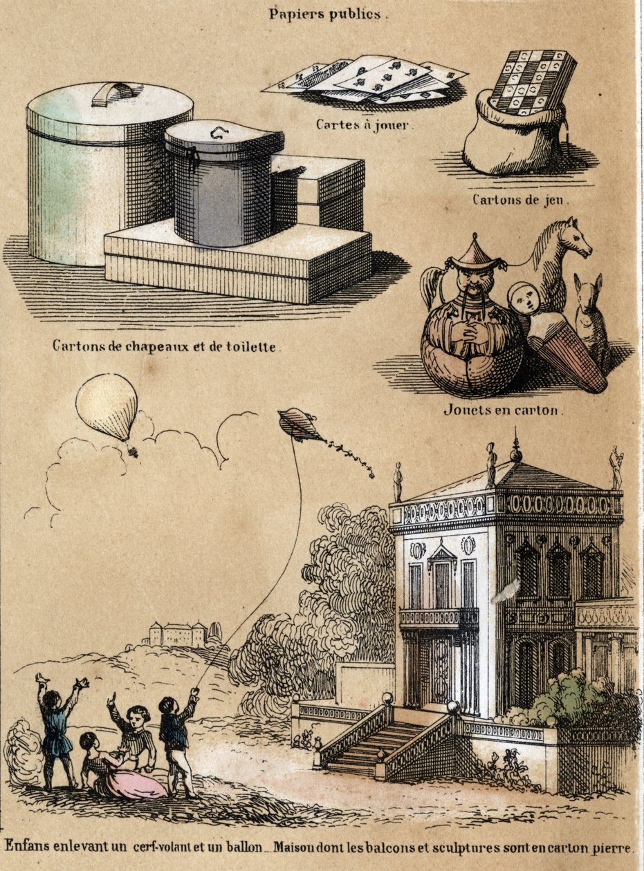 Kuvaus eri tuotteista ja paperin käyttötavoista: pahvi- ja hattulaatikot, pelikortit, pelit, kuten leijat tai ilmapallot. Levy "" Le papier et ses produits"" in "" les Recreations instructives"" Synoptique maalaus Jules Delbruck, kaiverrus alkaen tekijältä French School