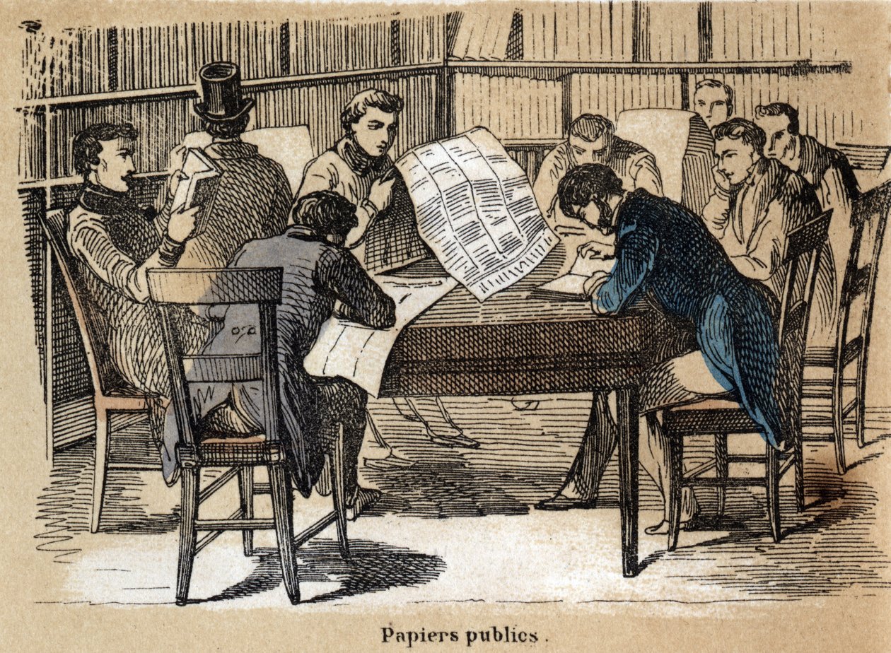 Kuvaus eri tuotteista ja paperin käyttötavoista: julkisten lehtien (sanomalehtien) lukeminen. Levy "" Le papier et ses produits"" in "" les Recreations instructives"" Jules Delbruckin synoptique-maalaus, kaiverrus vuodelta 1860. Yksityinen kokoelma. tekijältä French School