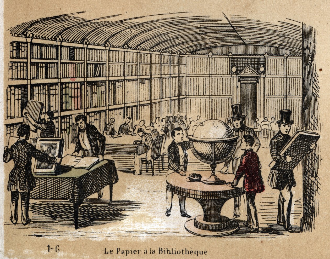 Kuvaus eri tuotteista ja paperin käyttötavoista: näkymä paperiteoksia sisältävästä kirjastosta. Levy "" Le papier et ses produits"" in "" les Recreations instructives"" Jules Delbruckin synoptique-maalaus, kaiverrus vuodelta 1860. Yksityinen kokoelma. tekijältä French School
