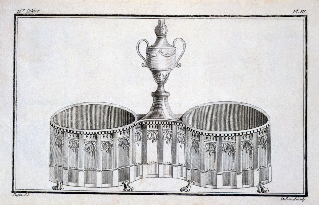 Suunnitteli Pugin, Duhamelin kokoamasta uusklassisen metallityön mallikirjasta, n. 1770-80-luvut tekijältä French School