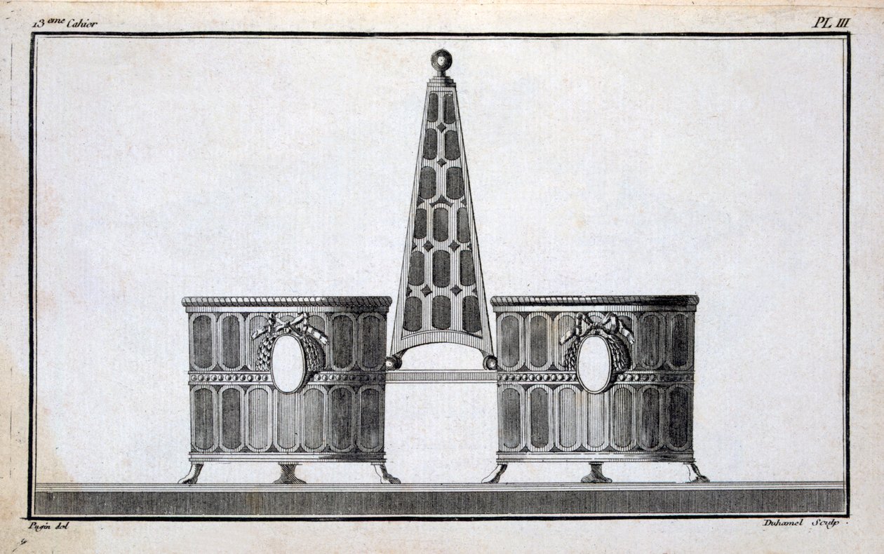 Suunnitteli Pugin, Duhamelin kokoamasta uusklassisen metallityön mallikirjasta, n. 1770-80-luvut tekijältä French School