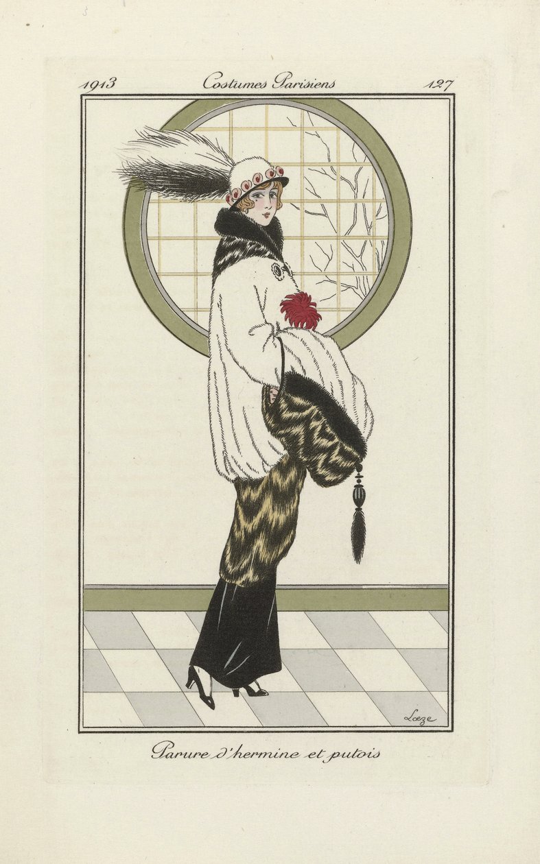 Suunnitelma helmiäis- ja hillerikissayhtyettä varten, teoksesta Costumes Parisien, pub.1913 (pokkaripainatus). tekijältä French School