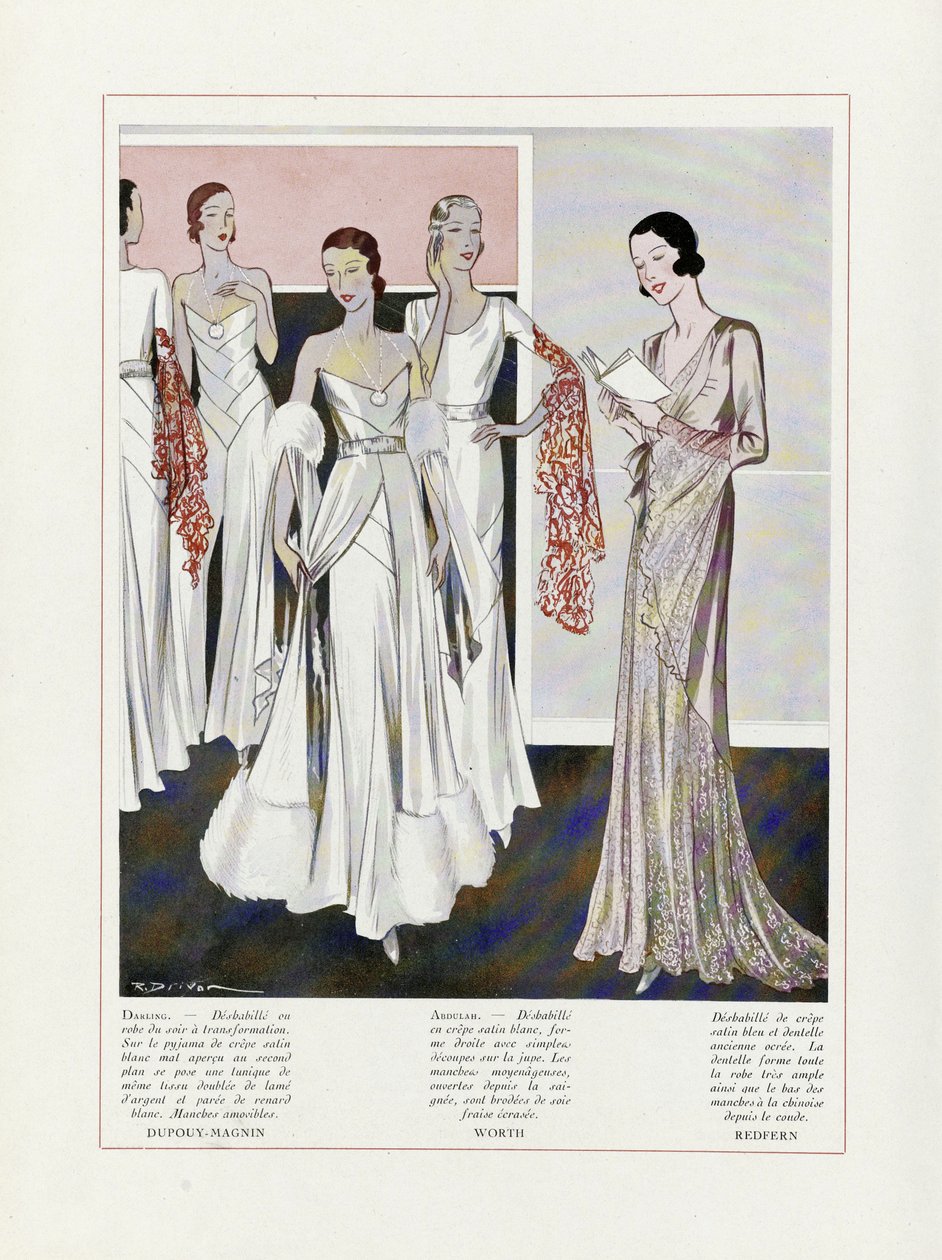 Depouy-Magninin, Worthin ja Redfernin suunnittelemat iltapuvut, Art, Gout, Beaute, pub. 1931 (värilitro) tekijältä French School