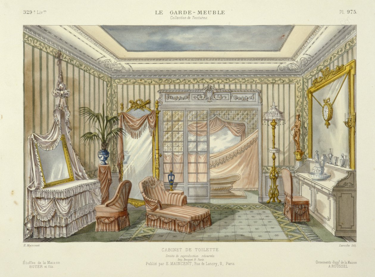 Le Garde-Meuble -kylpyhuonesarjan suunnittelu, Pub. Pariisi, n.1890 (värilitro). tekijältä French School