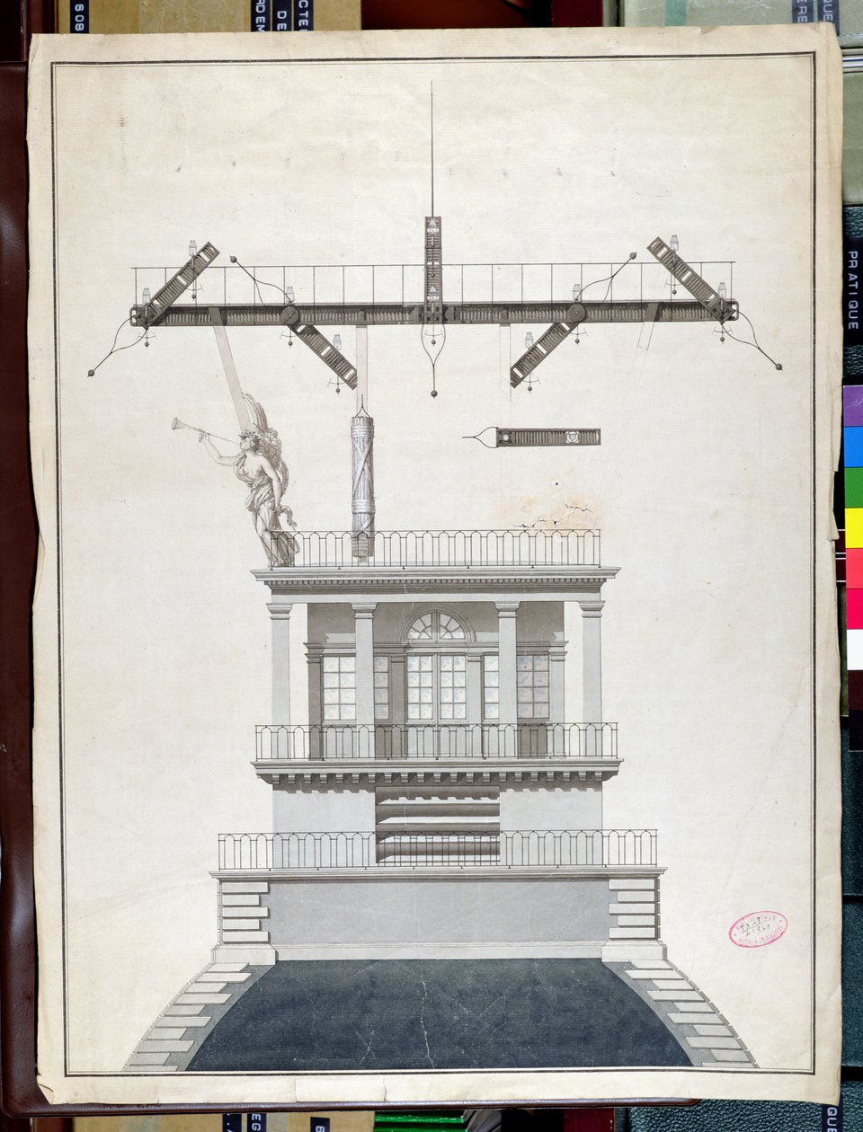 Suunnittelu Chappen lennätinasemalle yhteen Louvren kupoliin Pariisissa, 1800-luvun alussa (kynä ja muste ja wc paperilla) tekijältä French School