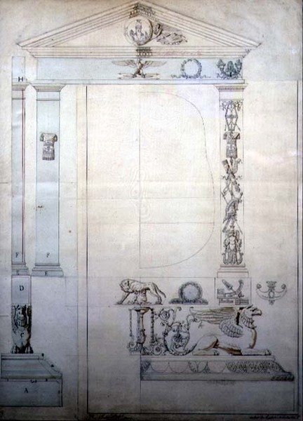 Suunnittelu Cheval-peilille, n. 1815 (kynä & muste ja akvarelli paperille) tekijältä French School