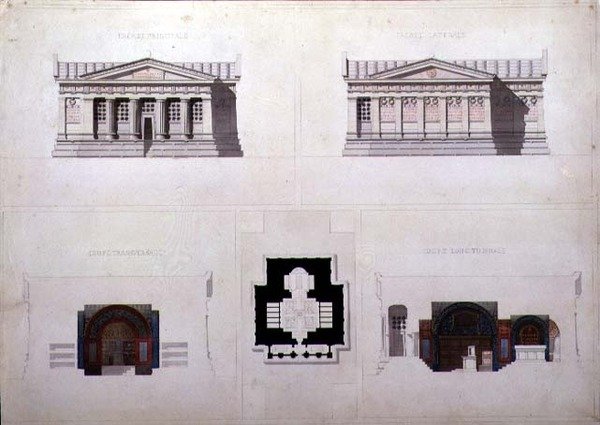 Kreikkalaisen herännäistyylisen mausoleumin suunnitelma, 1835 (tussi ja tussi, vesiväri paperille). tekijältä French School