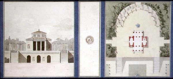 Design for a Monument, n. 1825 (kynä ja muste ja akvarelli paperille) tekijältä French School