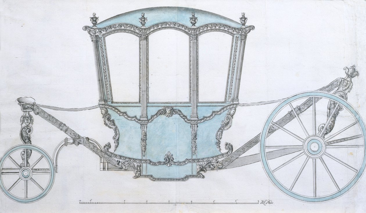 Suunnittelu linja-autolle, n. 1760 (kynä ja muste sinisellä pesulla) tekijältä French School