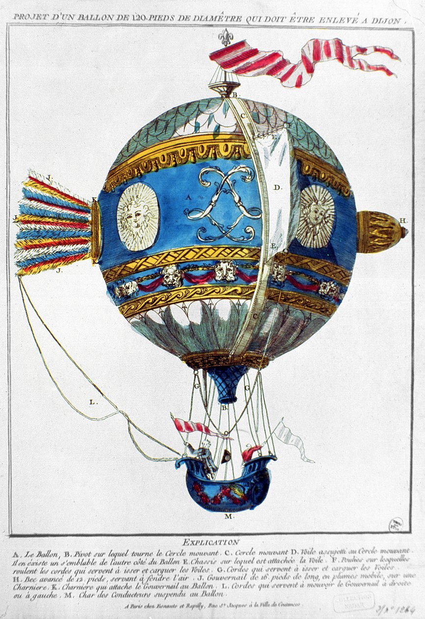 Suunnittelu kuumailmapallolle, jonka halkaisija on 120 jalkaa lentoon Dijonissa, n. 1784 (värikaiverrus) tekijältä French School