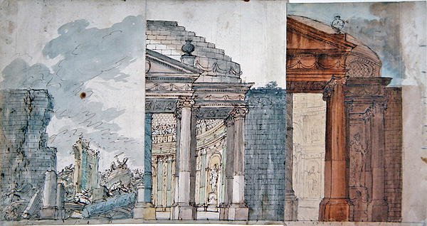 Suunnittelu oopperalavalle, 1700-luvun loppu (kynä ja tussi ja akvarelli paperille) tekijältä French School
