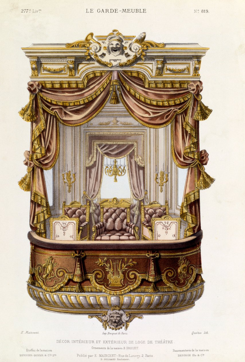 Suunnittelu teatterilaatikon sisä- ja ulkopuolelta, kuvitus Le Garde-Meuble -lehdestä, n. 1860 tekijältä French School