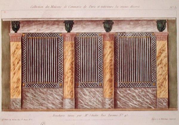 Suunnittelu lihakaupan julkisivuun, sarjasta, joka kuvaa Pariisin parhaiten sisustettuja liikerakennuksia, n. 1810 (värilitho) tekijältä French School