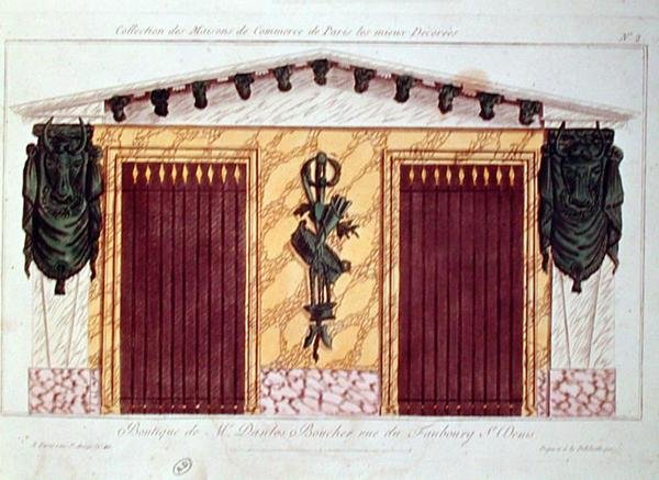 Suunnittelu lihakaupan julkisivuun, sarjasta, joka kuvaa Pariisin parhaiten sisustettuja liikerakennuksia, n. 1810 (värilitho) tekijältä French School
