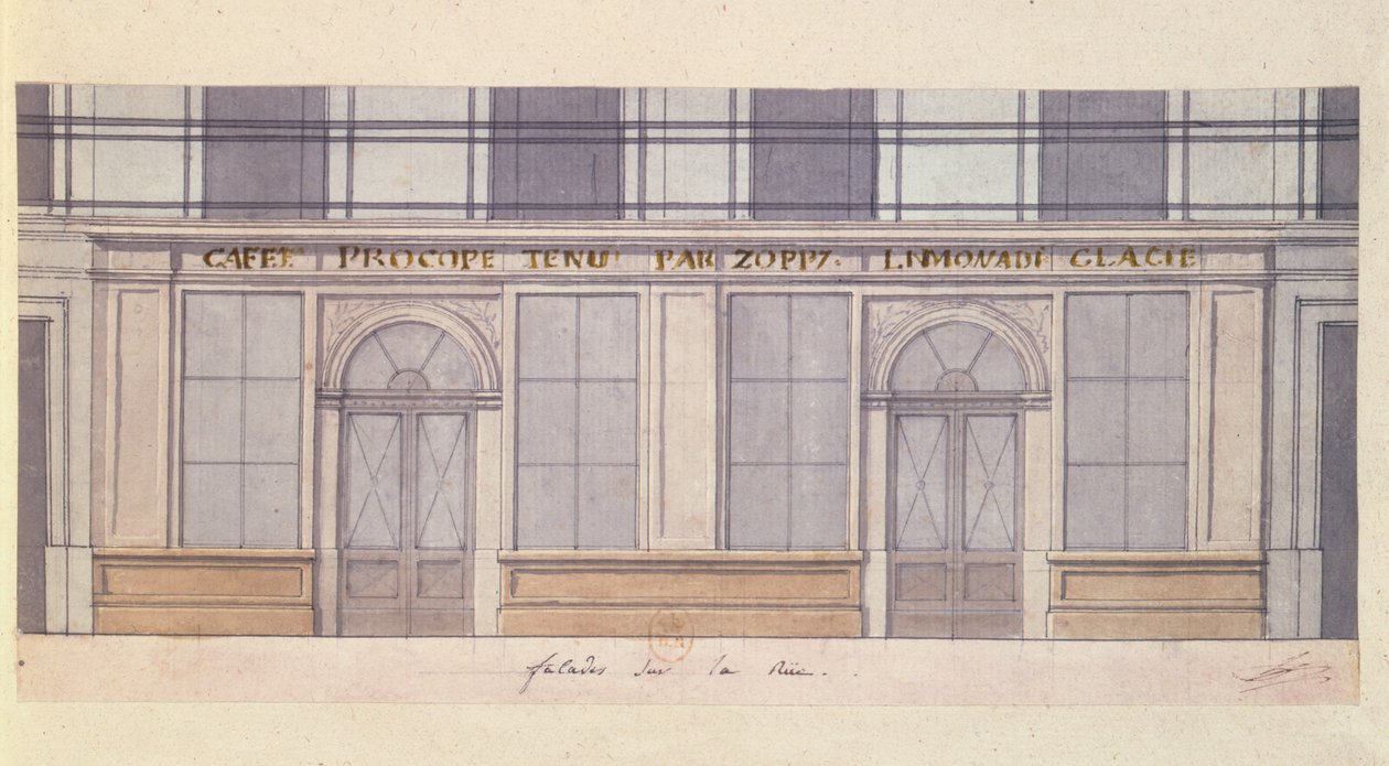 Suunnittelu Cafe Procopen julkisivulle, 1800-luvun alku (kynä & muste ja wc paperilla) tekijältä French School