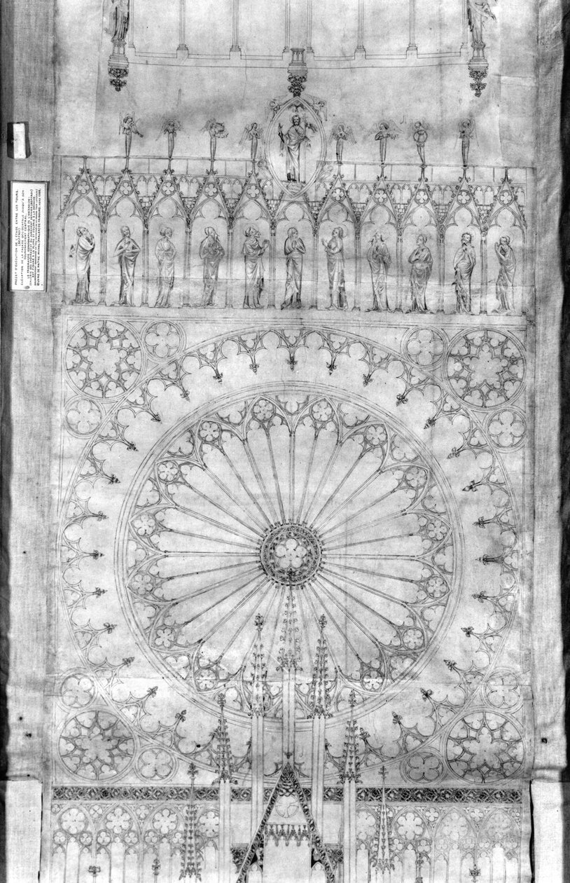 Suunnittelu ruusuikkunaan ja kuninkaiden galleriaan Strasbourgin katedraalin julkisivulle, n. 1380 (kynä & muste & guassi paperille) (katso yksityiskohta 207685) tekijältä French School