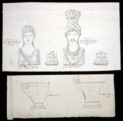 Mallit kullatuille pronssisille ormolu-huonekalutelineille ja French Empire -posliinikupeille, n. 1820 (kynä ja muste paperille) tekijältä French School