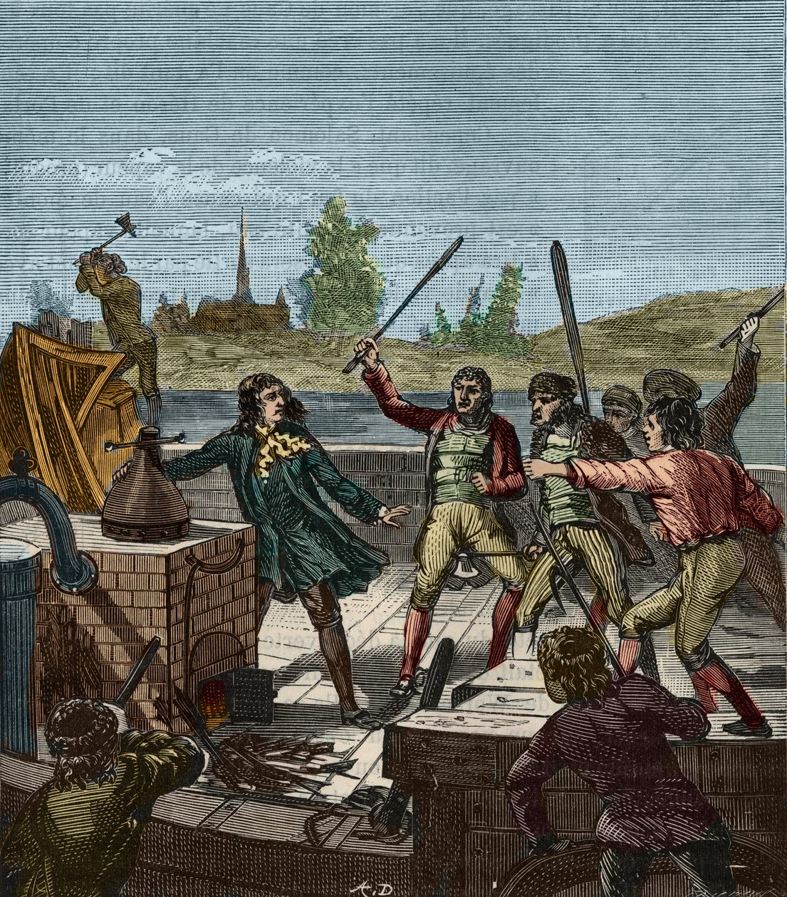 Papinin höyrylaivan tuhoutuminen - Denis Papin (1647-1712) katsomassa, kuinka siipilasi Höyrylaivansa tuhosivat Muendenin venemiehet vuonna 1707 - Les Bateliers de Munden murskaa höyrylaivan Denis Papinin (1647-1712) - Kaiverrus ulottuvilla. kaikista - tekijältä French School