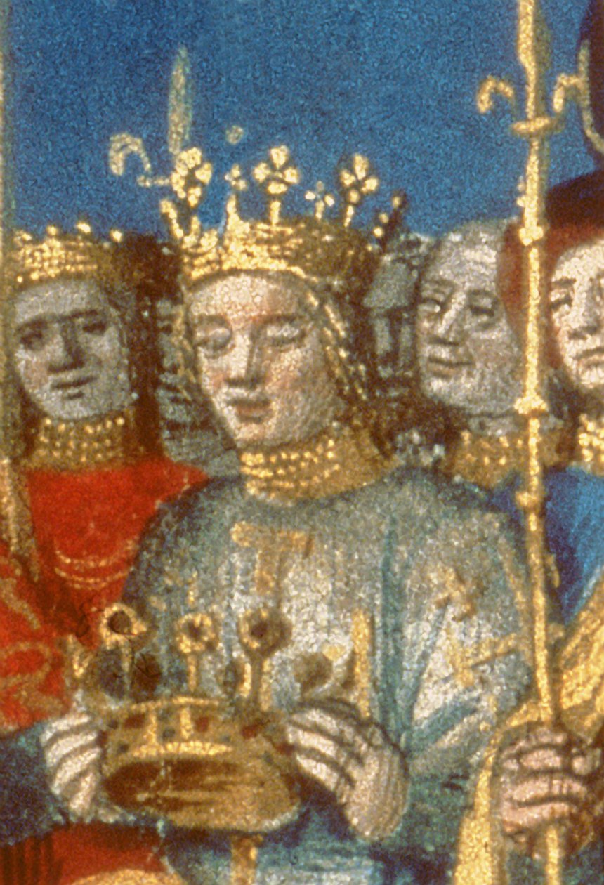Yksityiskohta Fr 6465 f.247v Louis VIII:n (1187-1226) ja Blanche de Castilen kruunauksesta Reimsissä Jerusalemin kuninkaan (vellum) läsnäollessa (yksityiskohta 38990) tekijältä French School