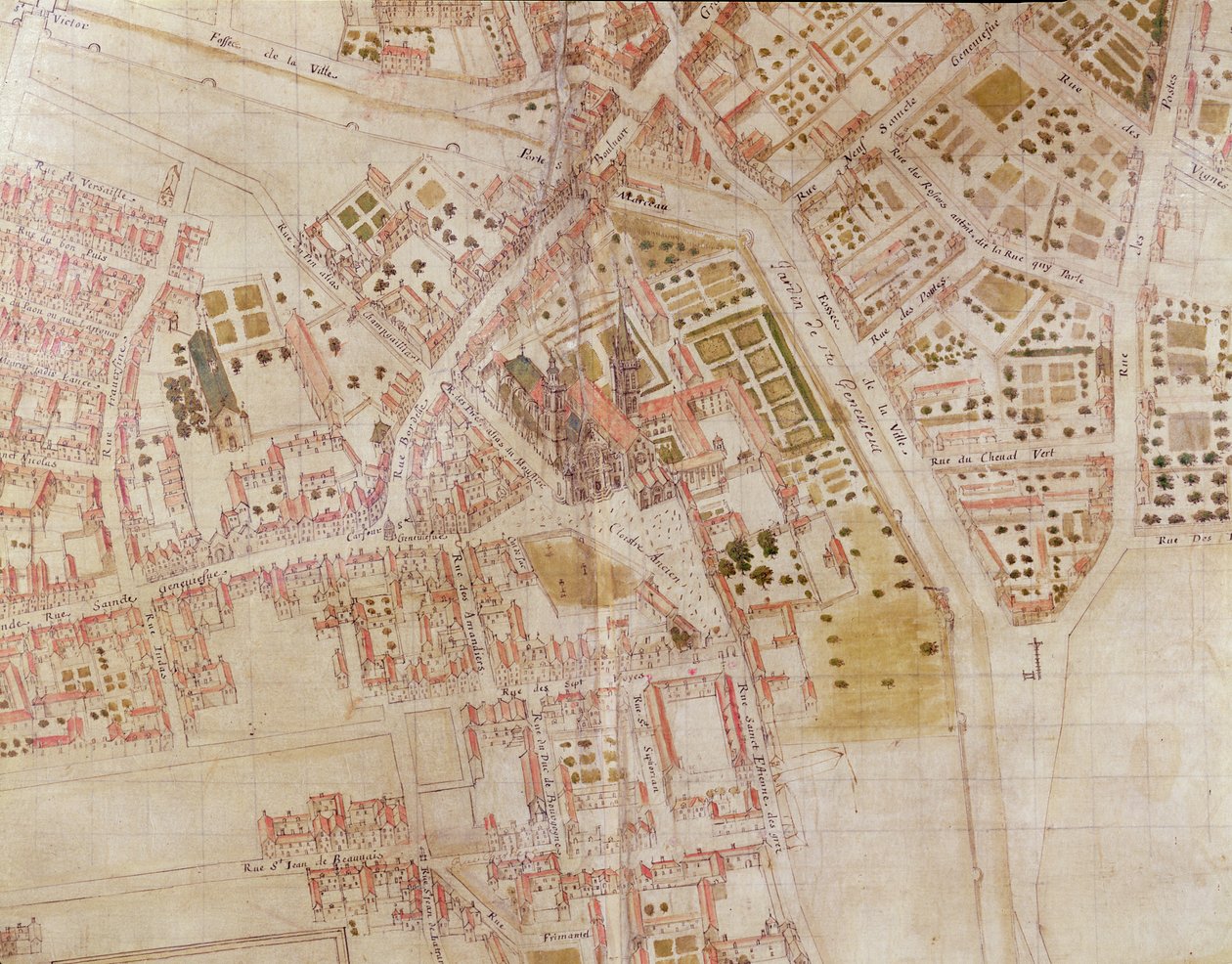 Yksityiskohta Pariisin kartasta, jossa näkyy Montagne Sainte-Genevieven huippu, 1664 tekijältä French School