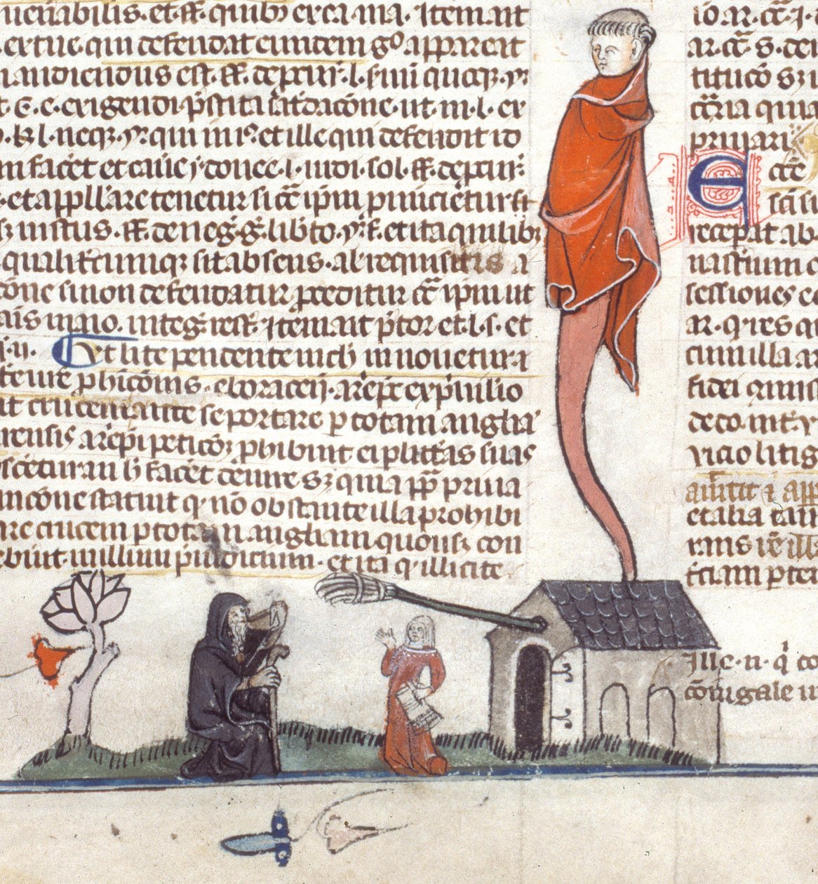 Yksityiskohta bas-de-page-kohtauksesta erakosta, joka istuu tavernan ulkopuolella juomassa olutta, n. 1300-1340 (muste pergamentille) tekijältä French School