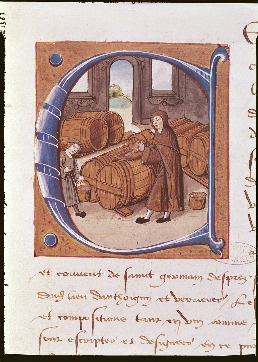 Yksityiskohta historiallisesta nimikirjaimesta, jossa on kuva viininpitäjästä työssä, "Saint-Germain-des-Presin luostarista" (vellum) tekijältä French School