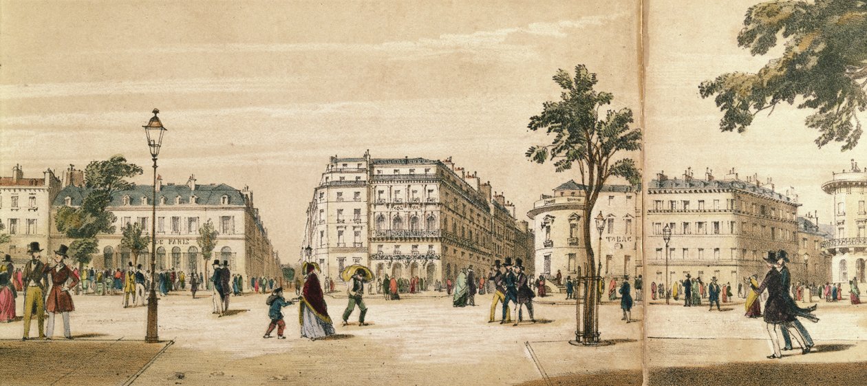 Yksityiskohta panoraamakuvasta Boulevard des Italiensista, n. 1840 (värilitho) tekijältä French School