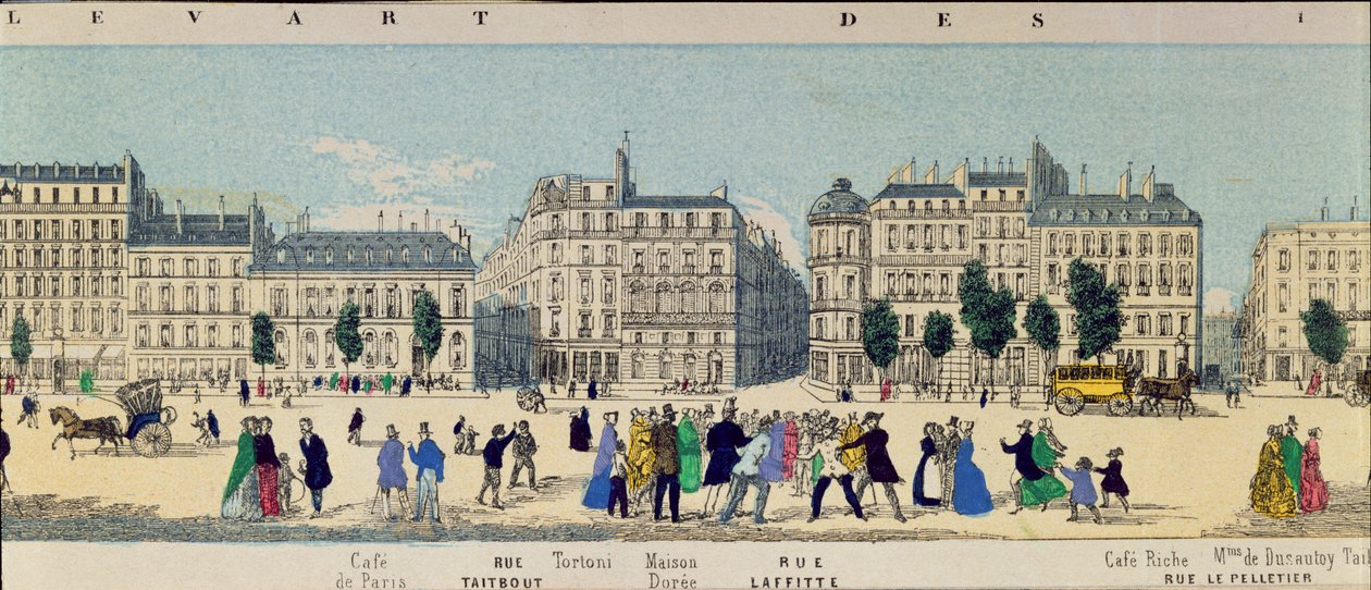 Yksityiskohta panoraamakuvasta Boulevard des Italiensista, n. 1840 tekijältä French School
