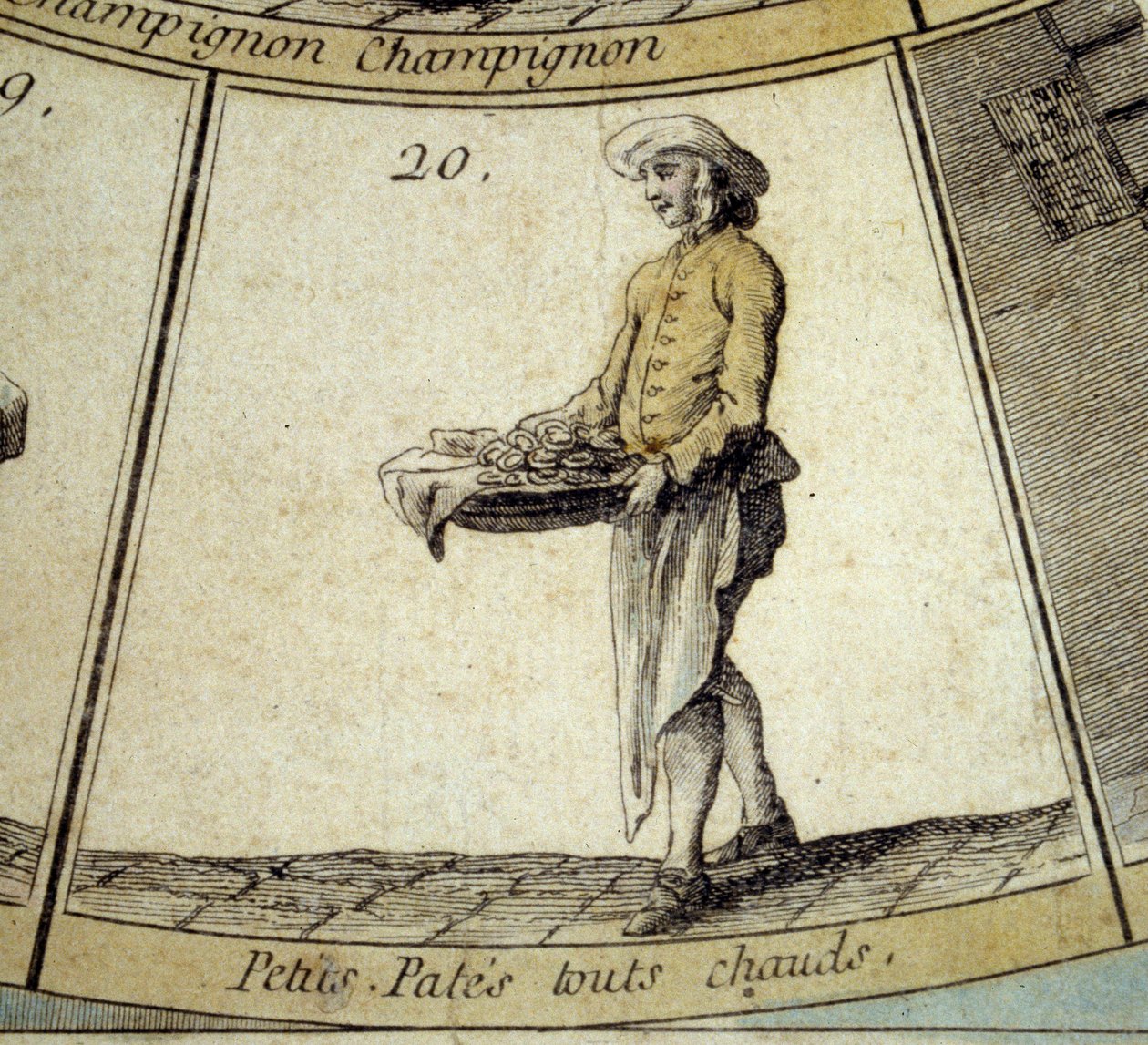 Yksityiskohta Cree of Paris -hanhipelistä: kuuman pastan kauppias. Kaiverrus 1700-luvulta. Coll. Lähde. tekijältä French School