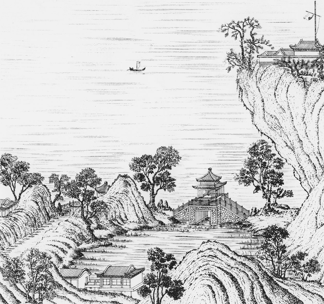 Yksityiskohta Kiinan keisarin puutarhoista, George Louis le Rougen teoksesta "Jardins Anglo-Chinois a la Mode", julkaistu 1776-89 (kaiverrus) tekijältä French School