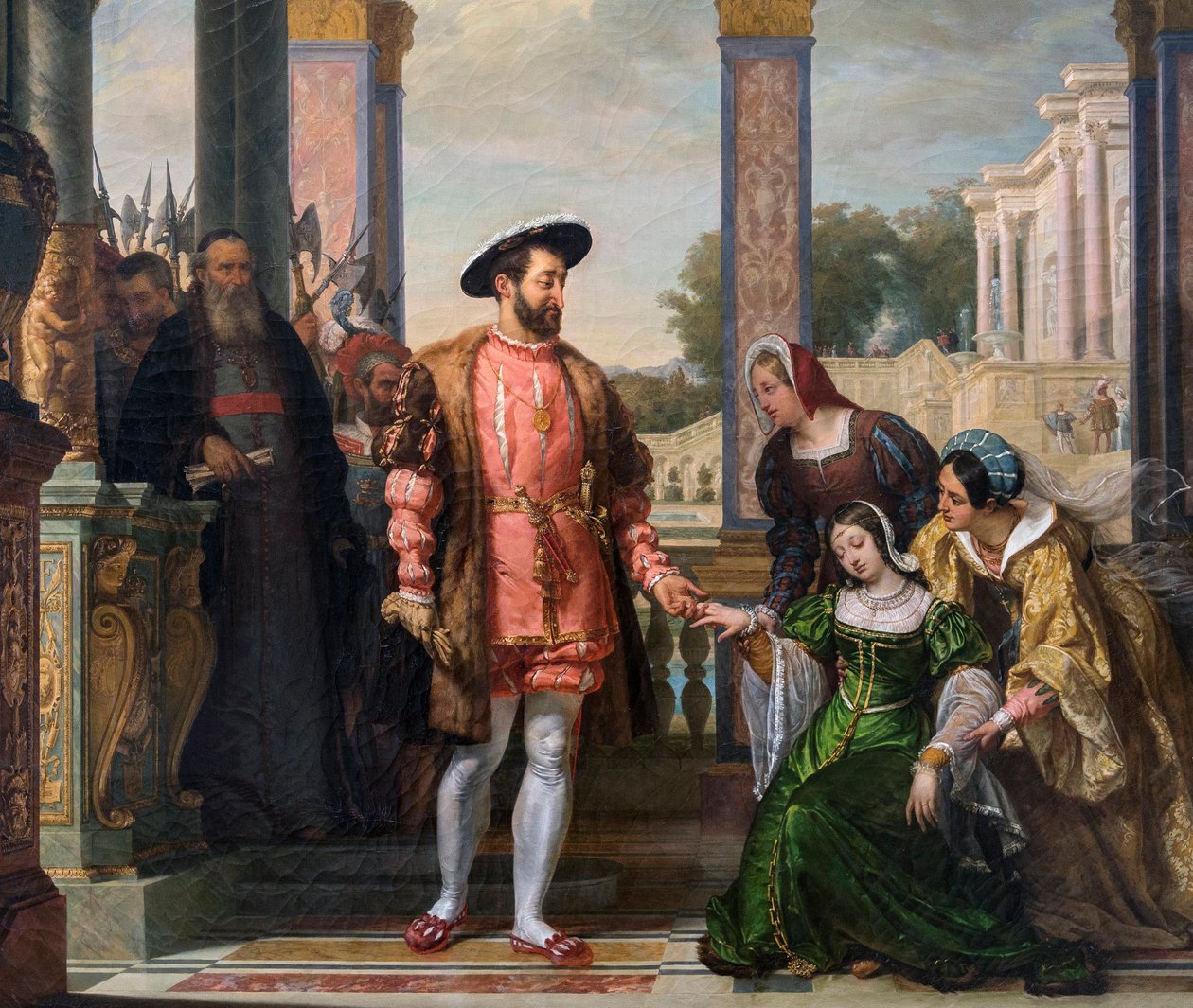 Diane de Poitiers (1499-1566) rukoilee isänsä armoa Francis I:lle - deatil de "Diane de Poitiers rukoilee isänsä armoa Francois I:lle"" F.A. Bitterin maalaus - 1828 - Le Mans, musee de Tesse tekijältä French School