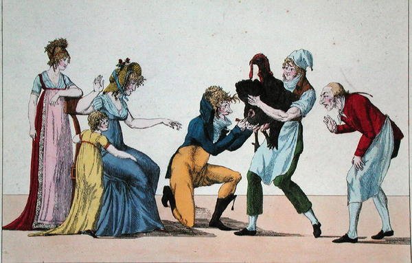 Dindonnade tai Rokotteen kilpailija, n. 1800 (värillinen kaiverrus) tekijältä French School