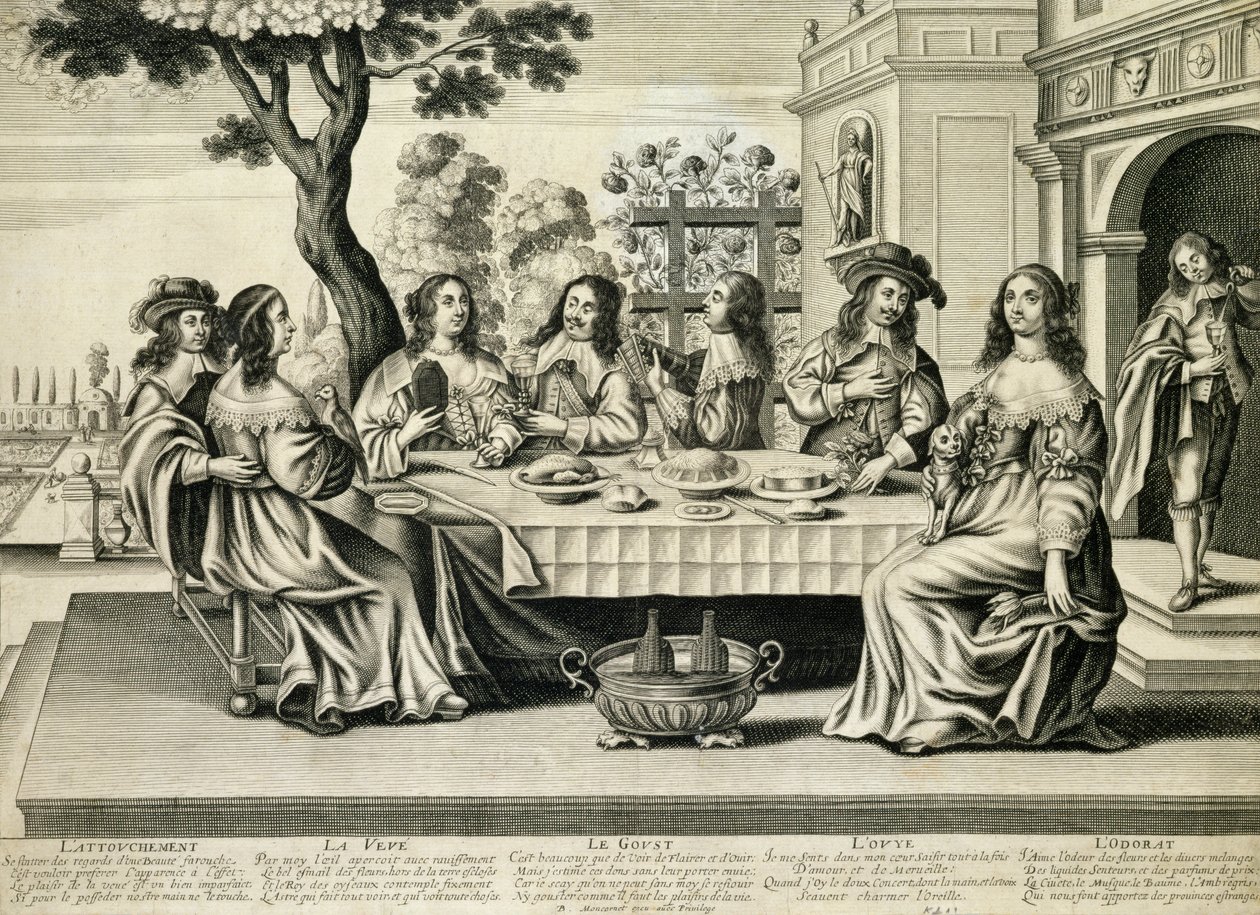Ruokailijat terassilla, jonka alla on muodollinen puutarha, kaiverrus Balthazar Moncornet (n. 1600-68) tekijältä French School