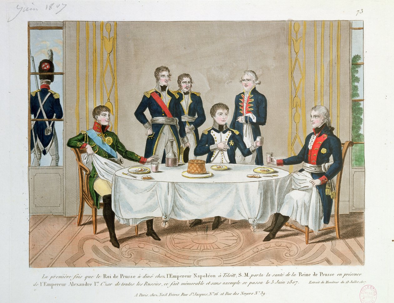Illallinen Tilsitissä Preussin Fredrik Vilhelm III:n, Venäjän tsaari Aleksanteri I:n ja Preussin kuningattarelle maljan nostavan Napoleonin välillä 3.6.1807 tekijältä French School