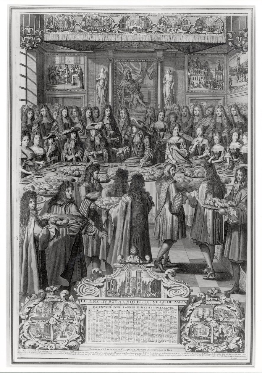 Ludvig XIV:n (1638-1715) illallinen Hotel de villessä, 30. tammikuuta 1687, vuoden 1688 kalenterista tekijältä French School