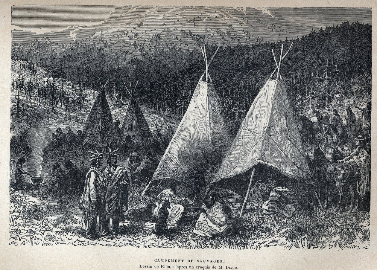 Löysi Kanadan: Amerikan intiaanileiri t-piipillä. Rioun piirustus Dixonin luonnoksesta. Kaiverrus 1800-luvun lopusta Eugene Gueninin teokseen "La nouvelle France". tekijältä French School