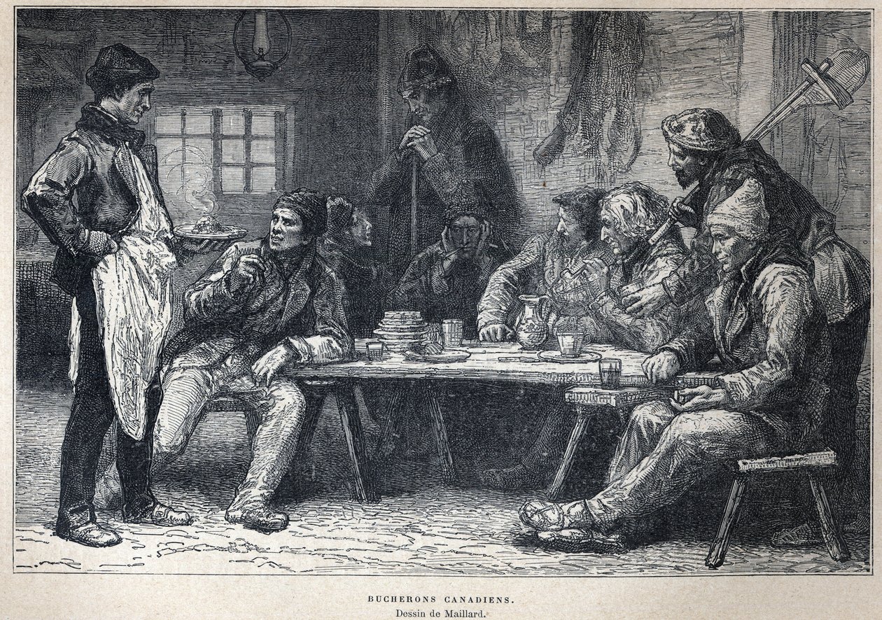 Löysi Kanadan: Kanadalaiset metsurit. Maillardin piirustus. Kaiverrus 1800-luvun lopusta Eugene Gueninin teokseen "La nouvelle France". tekijältä French School