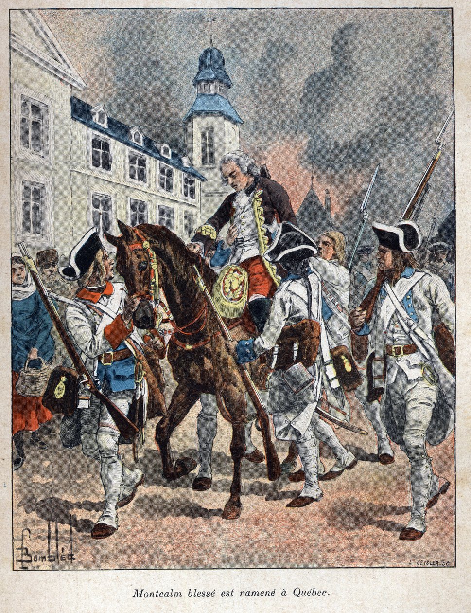 Löysi Kanadan: Louis Joseph de Montcalm (1712-1759) kenraali francais loukkaantui Quabecin kaupungin piirityksen aikana englantilaisten toimesta ja tuotiin takaisin Quebeciin vuonna 1759. Kaiverrus 1800-luvun lopusta kirjassa "La nouvelle France", kirjoitt tekijältä French School