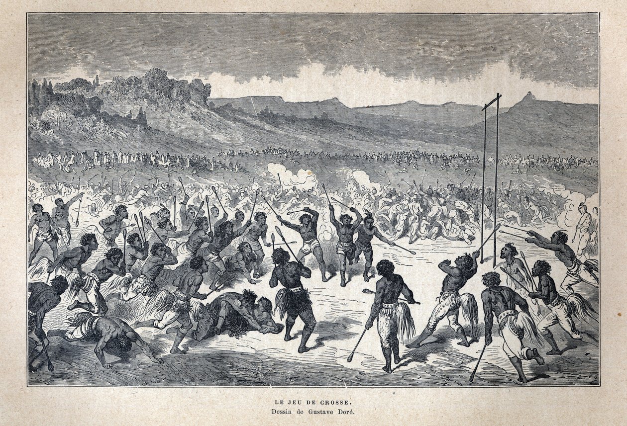Löysi Kanadan: Urheilu. Amerikan intiaanien lacrosse-peli. Piirustus Gustave Dore. Kaiverrus 1800-luvun lopusta Eugene Gueninin teokseen "La nouvelle France". tekijältä French School