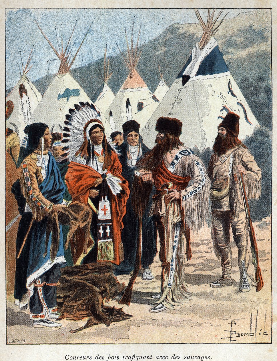 Löysi Kanadan: coureurs de bois, osallistui turkiskauppaan Amerikan intiaanien kanssa ja käytti kauppaa eläinten nahoilla 1600-luvulla. Kaiverrus 1800-luvun lopusta Eugene Gueninin teokseen "La nouvelle France". tekijältä French School