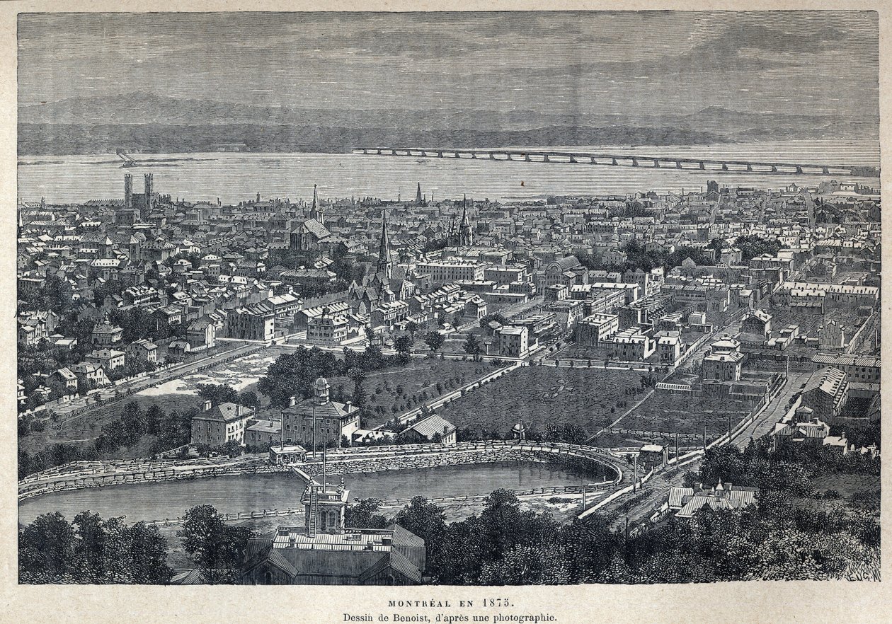 Löysi Kanadan: näkymä Montrealin kaupungista vuonna 1875. Benoistin piirustus valokuvan jälkeen. Kaiverrus 1800-luvun lopusta Eugene Gueninin teokseen "La nouvelle France". tekijältä French School