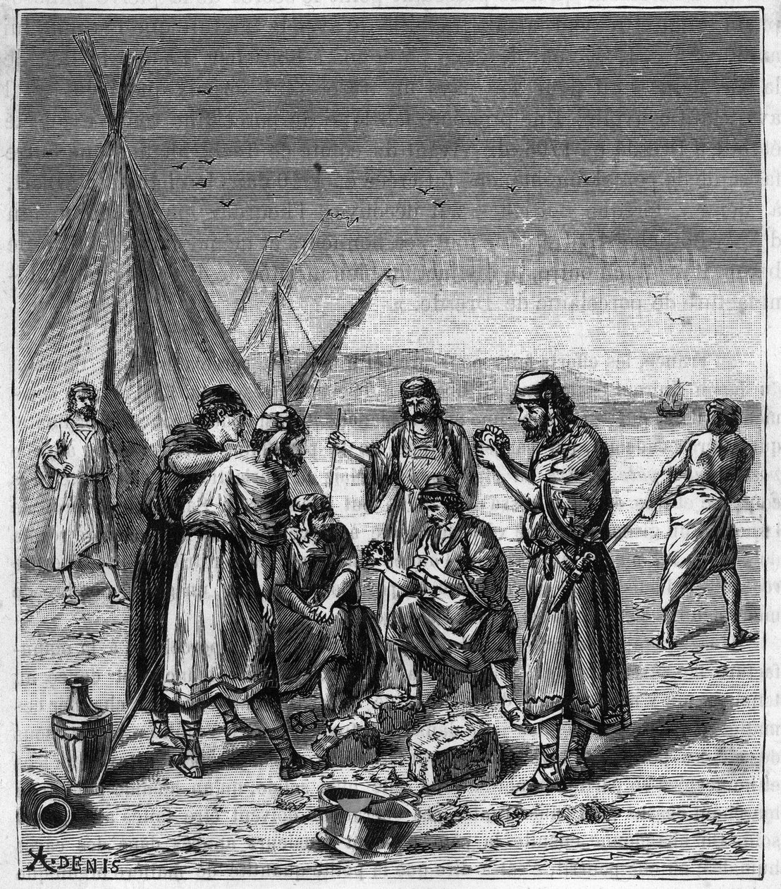 Löysi foinikialaisten kauppiaiden valmistaman lasin - Kaiverrus "Kaikkien saatavilla olevat tieteet - fysiikka ja kemia", kirjoittaja Alexis Clerc - 1800-luvun loppu - Yksityinen kokoelma tekijältä French School